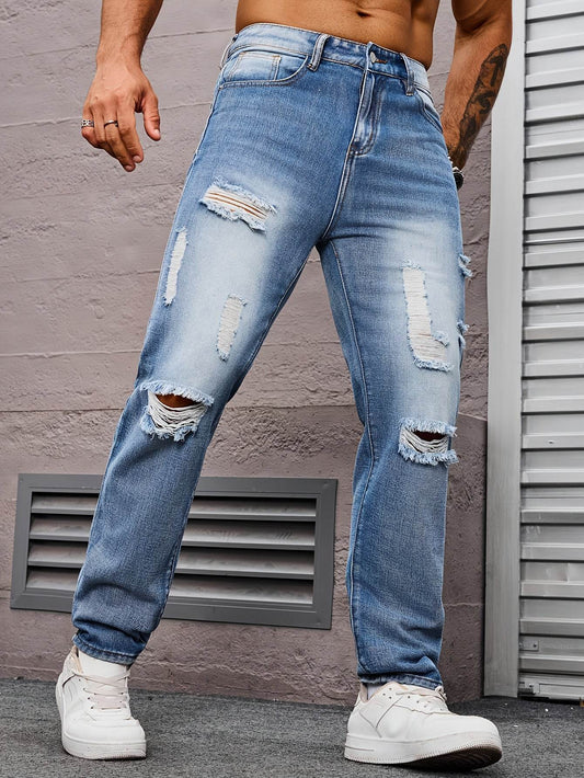 Men's Light Blue Ripped Jeans - Casual Straight Leg Distressed Denim - Buy Center US