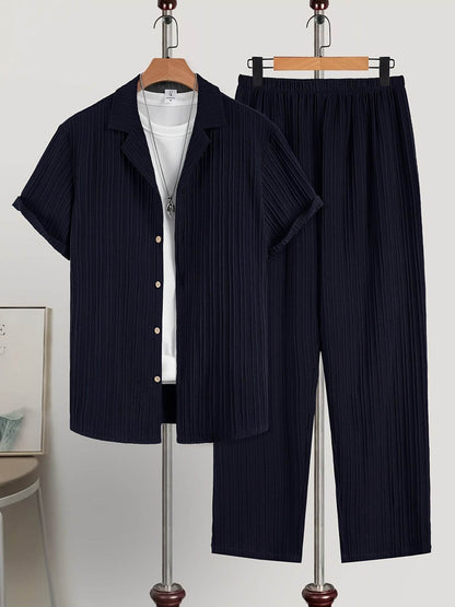Men's Casual Plaid Suit Set - Short Sleeve Lapel Shirt & Pants - Buy Center US