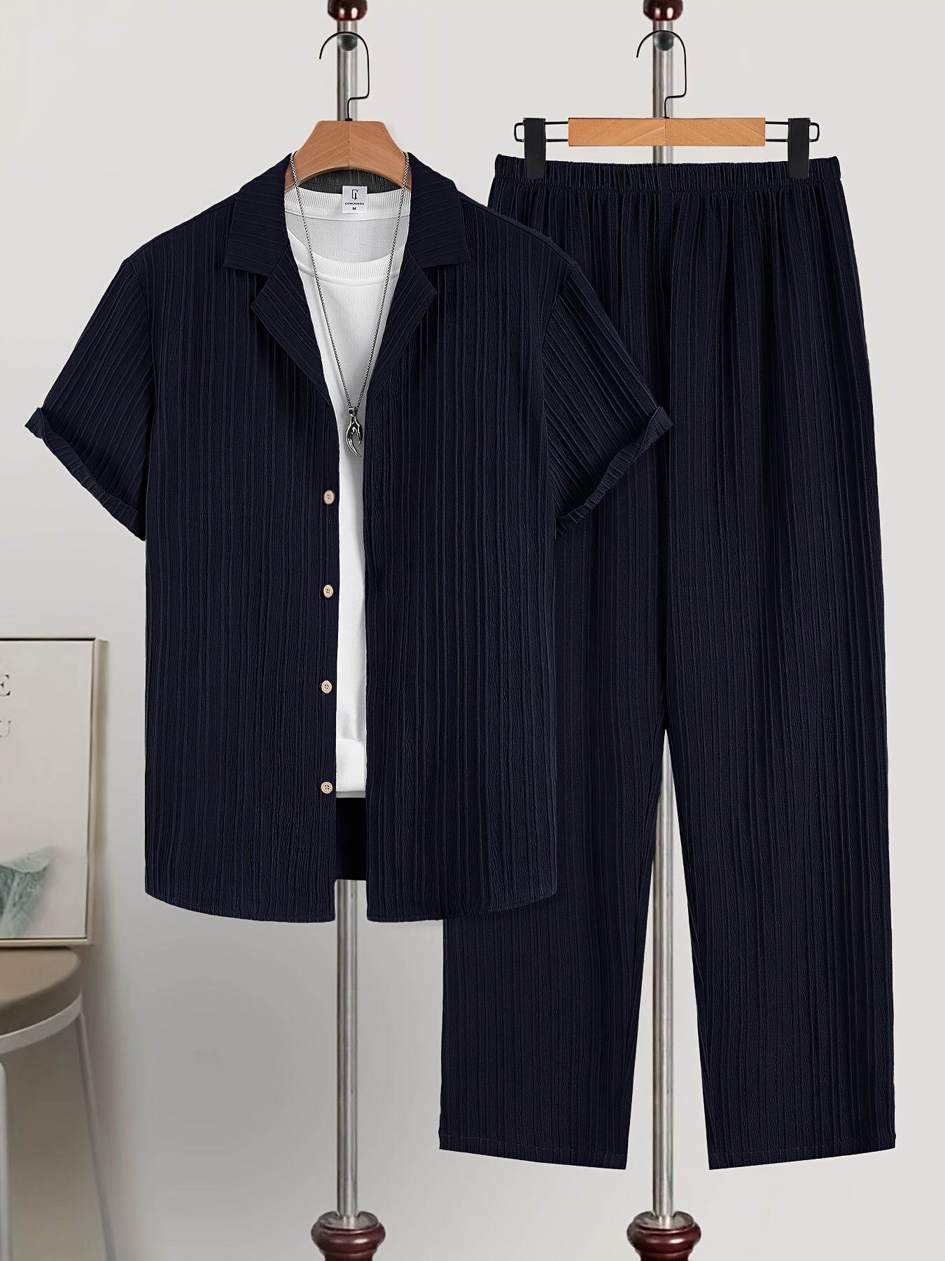 Men's Casual Plaid Suit Set - Short Sleeve Lapel Shirt & Pants - Buy Center US