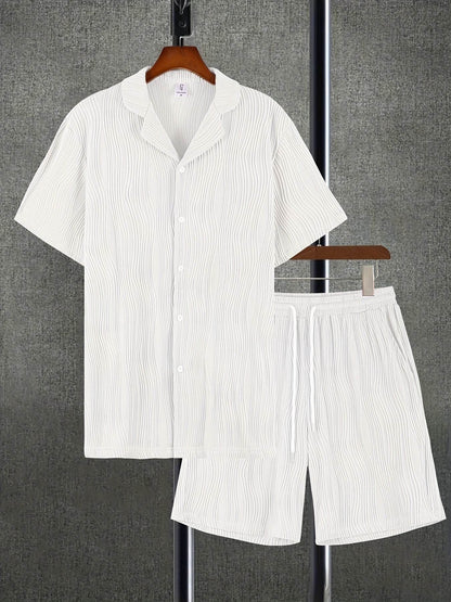Men's Casual Short Sleeve Knitted Set - Lapel Button, Comfortable Fit - Buy Center US