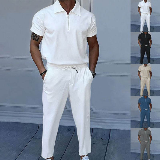 Stylish Men's Polo Collar Trousers Suit - Short Sleeve, Solid Colors - Buy Center US