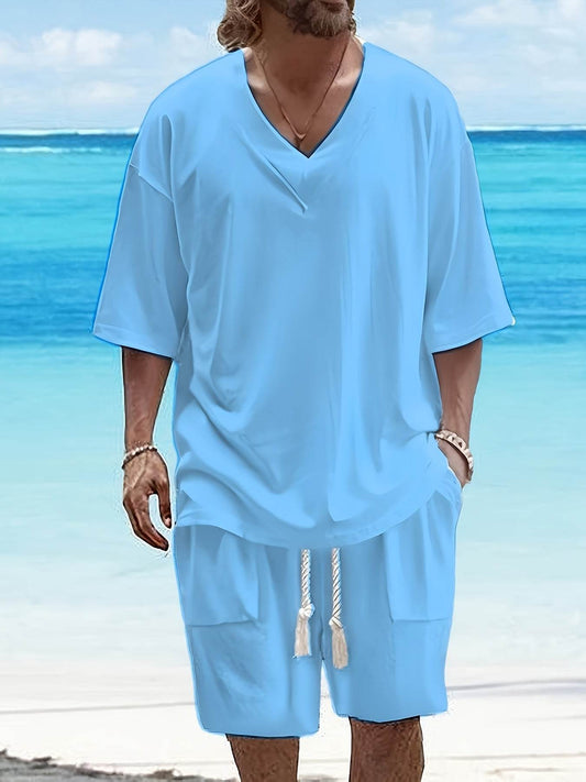 Summer Men's Casual V-Neck T-Shirt & Shorts Set - Trendy Polyester Outfit - Buy Center US