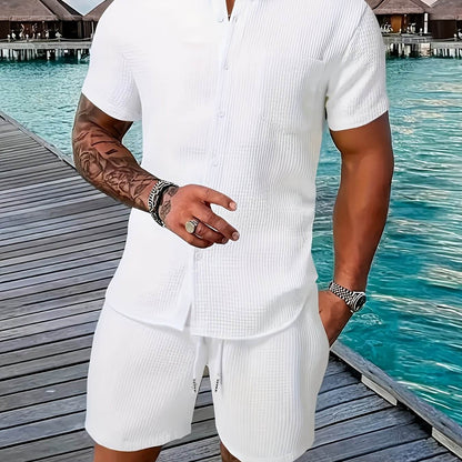 Men's Solid Color Jacquard Shirt & Drawstring Shorts Set - Casual Style - Buy Center US