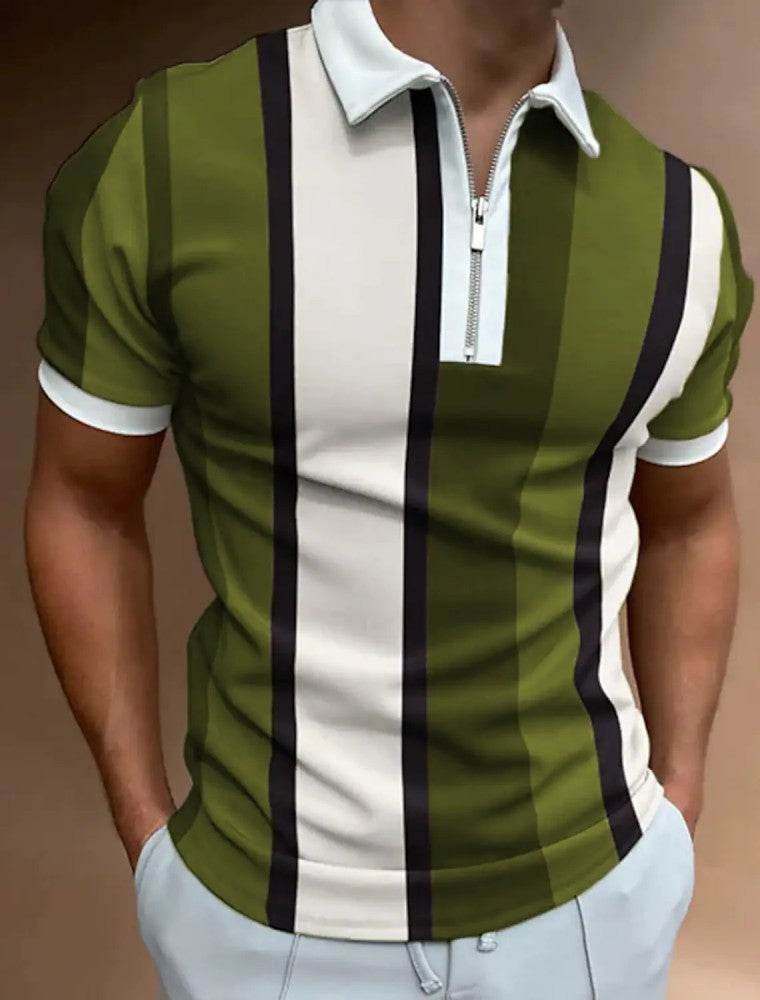 Men's Striped Short-Sleeved Polo Shirt - Slim Fit, Casual Cotton Blend - Buy Center US