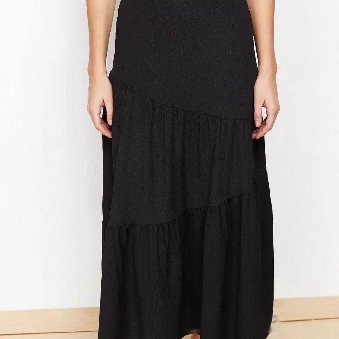 Irregular Pleated High Waist Skirt - Black A-Line Big Hem Dress - Buy Center US