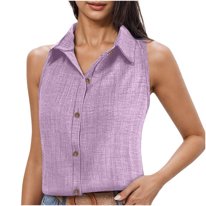 Women's Cotton Linen Button Shirt - Stylish Sleeveless Cardigan Top - Buy Center US