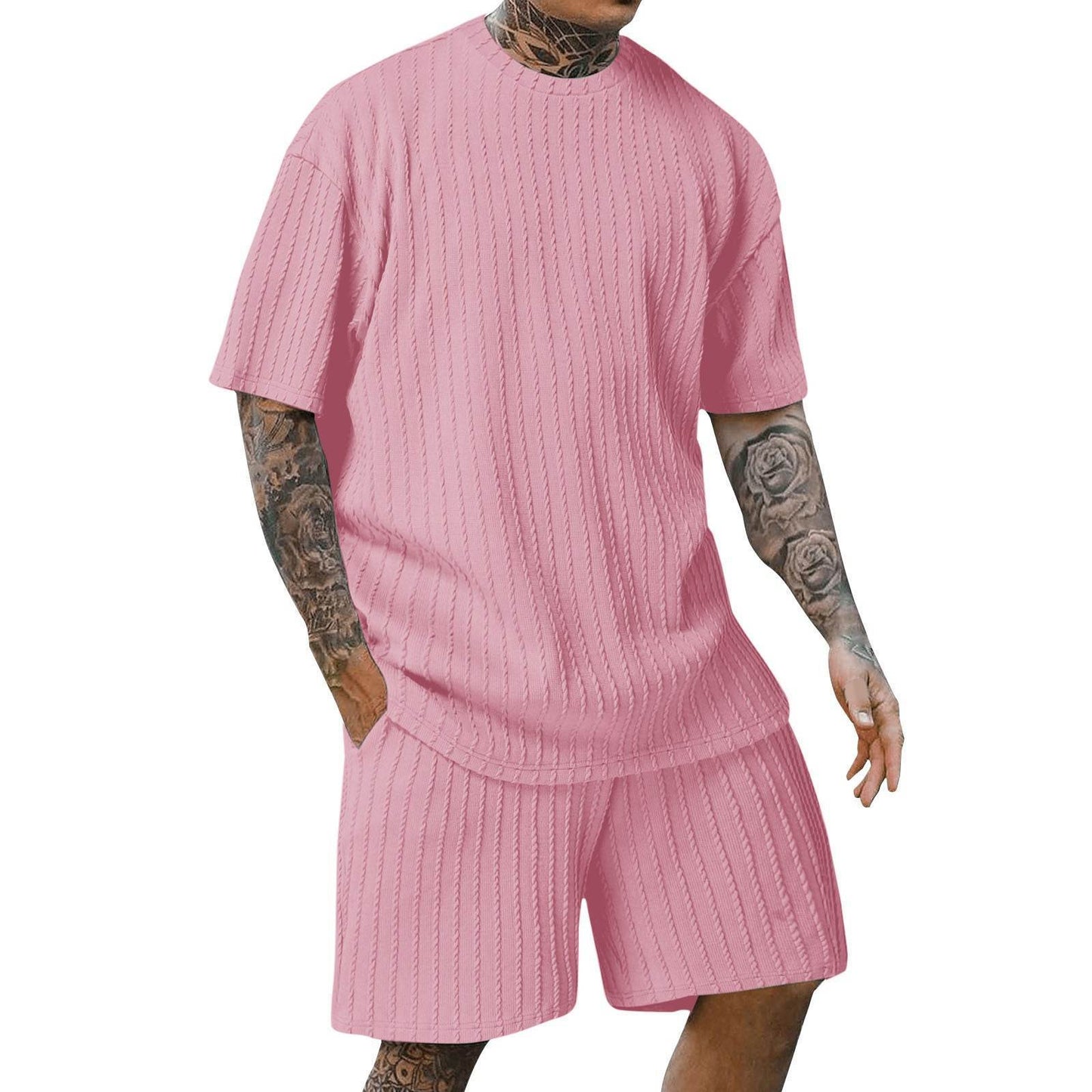 Buycenter Men's Sports Two-Piece Set - Solid Color Round Neck Shorts - Buy Center US