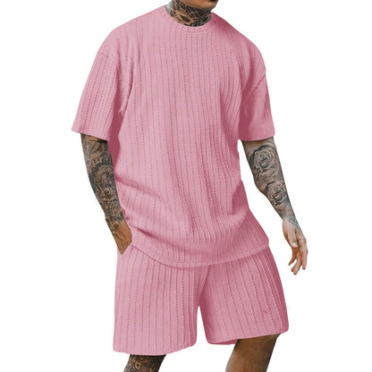Buycenter Men's Sports Two-Piece Set - Solid Color Round Neck Shorts - Buy Center US