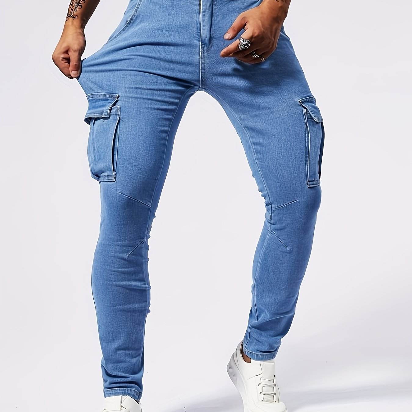 Men's Slim-Fit Denim Cargo Pants - Stretch, Multi-Pocket, Trendy Style - Buy Center US