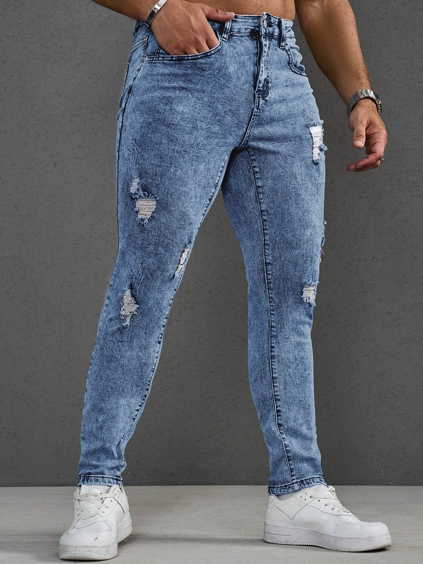 Men's Skinny-Fit Distressed Denim Jeans - Light Blue Ripped Casual Pants - Buy Center US