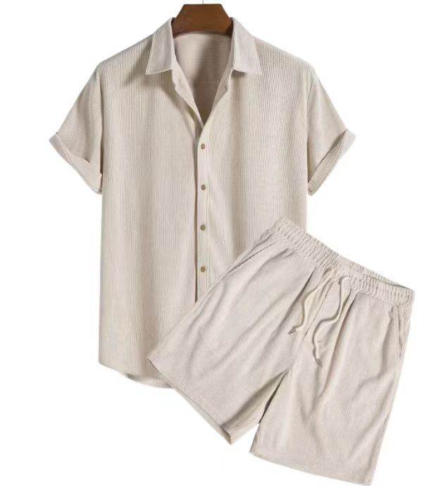 Buycenter Multi-Color Beachwear Set - Casual Corduroy Short Sleeve Suit - Buy Center US