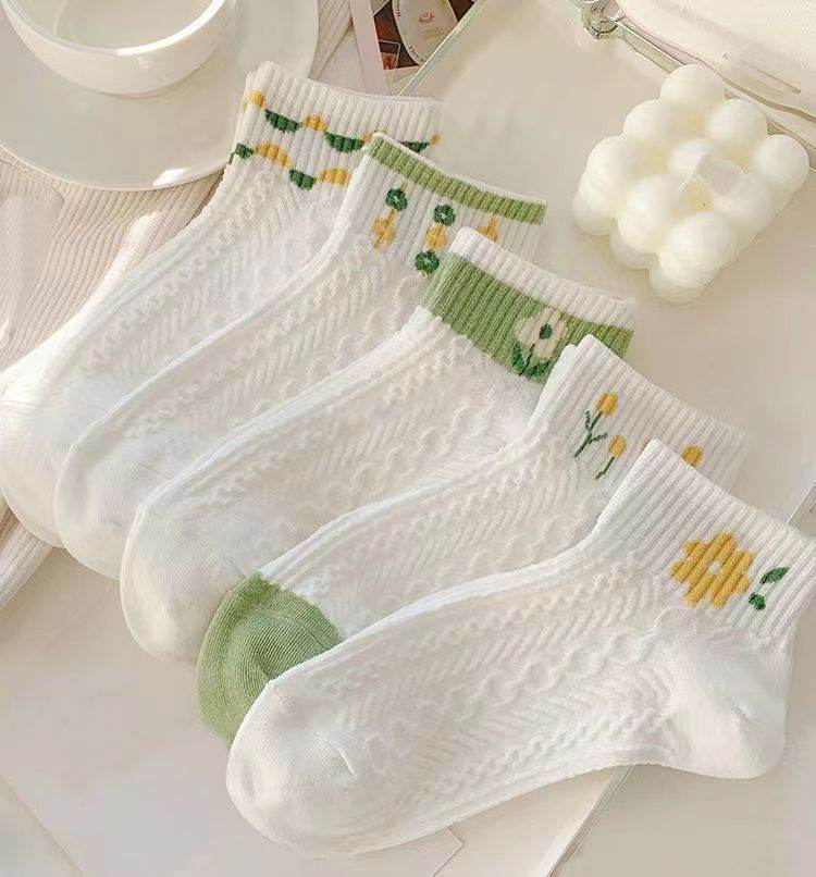 Cute Women's Summer Mid-Calf Socks - Flower & Stripe Patterns, 5 Pairs - Buy Center US