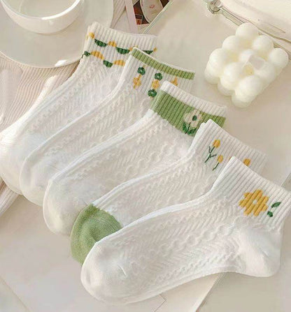 Cute Women's Summer Mid-Calf Socks - Flower & Stripe Patterns, 5 Pairs - Buy Center US