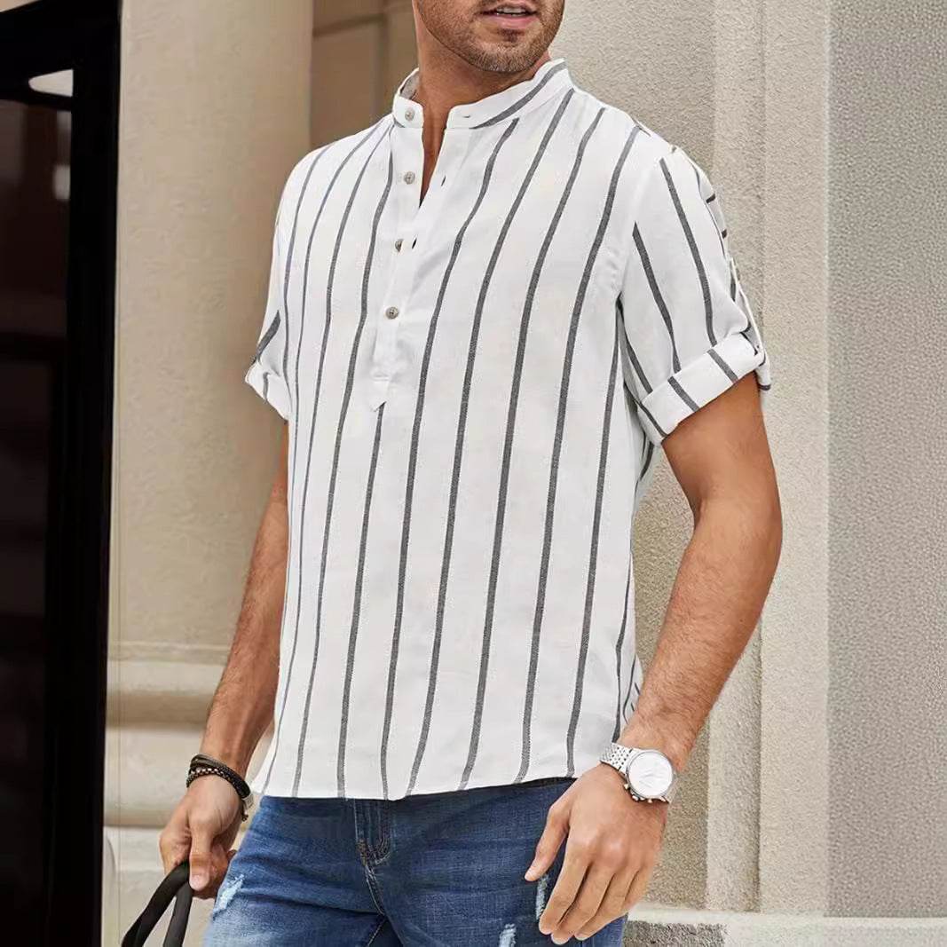 Casual Summer Men's Short Sleeve Shirt - Striped Linen in Various Colors - Buy Center US