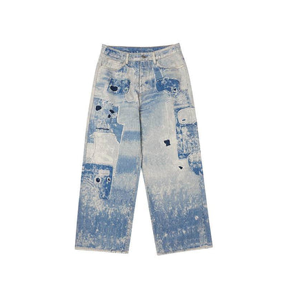 Washed Tie-Dyed Cotton Jeans for Youth - Straight-Leg Mid Waist Style - Buy Center US