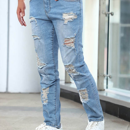 Gengyuanshi Men's Ripped Jeans - Slim Fit Street Style, Machine Washable - Buy Center US