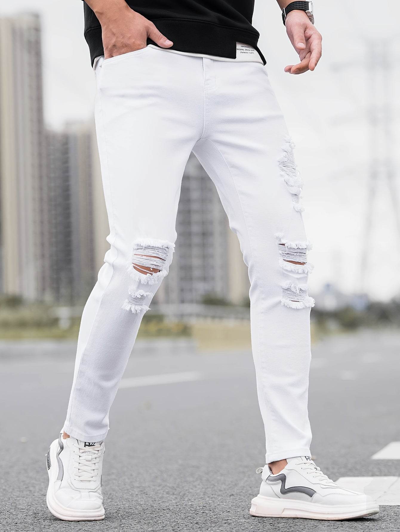 Men's Ripped Skinny Jeans - Stretch Denim Casual Wear | Distressed White/Black - Buy Center US