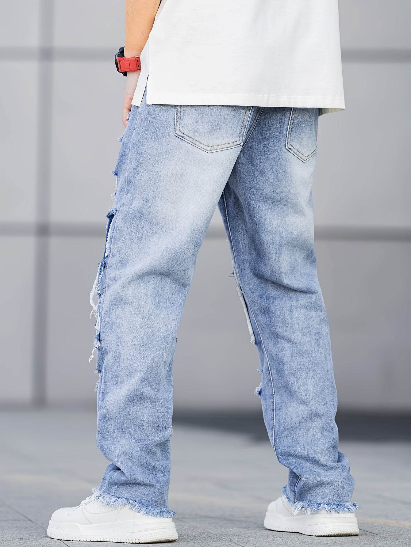 Durable Men's Casual Ripped Jeans - Loose Fit, All-Season Denim Wear - Buy Center US