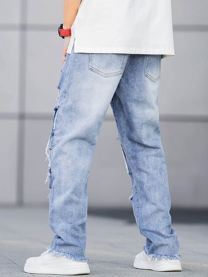 Durable Men's Casual Ripped Jeans - Loose Fit, All-Season Denim Wear - Buy Center US
