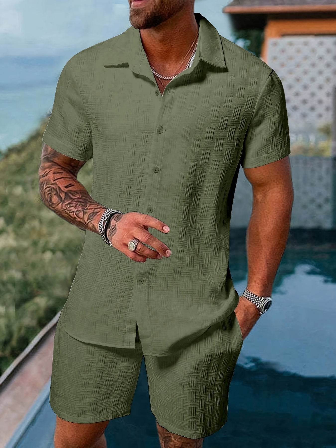 Men's Spring/Summer Striped Two-Piece Suit - Casual Short-Sleeve Shirt & Shorts - Buy Center US