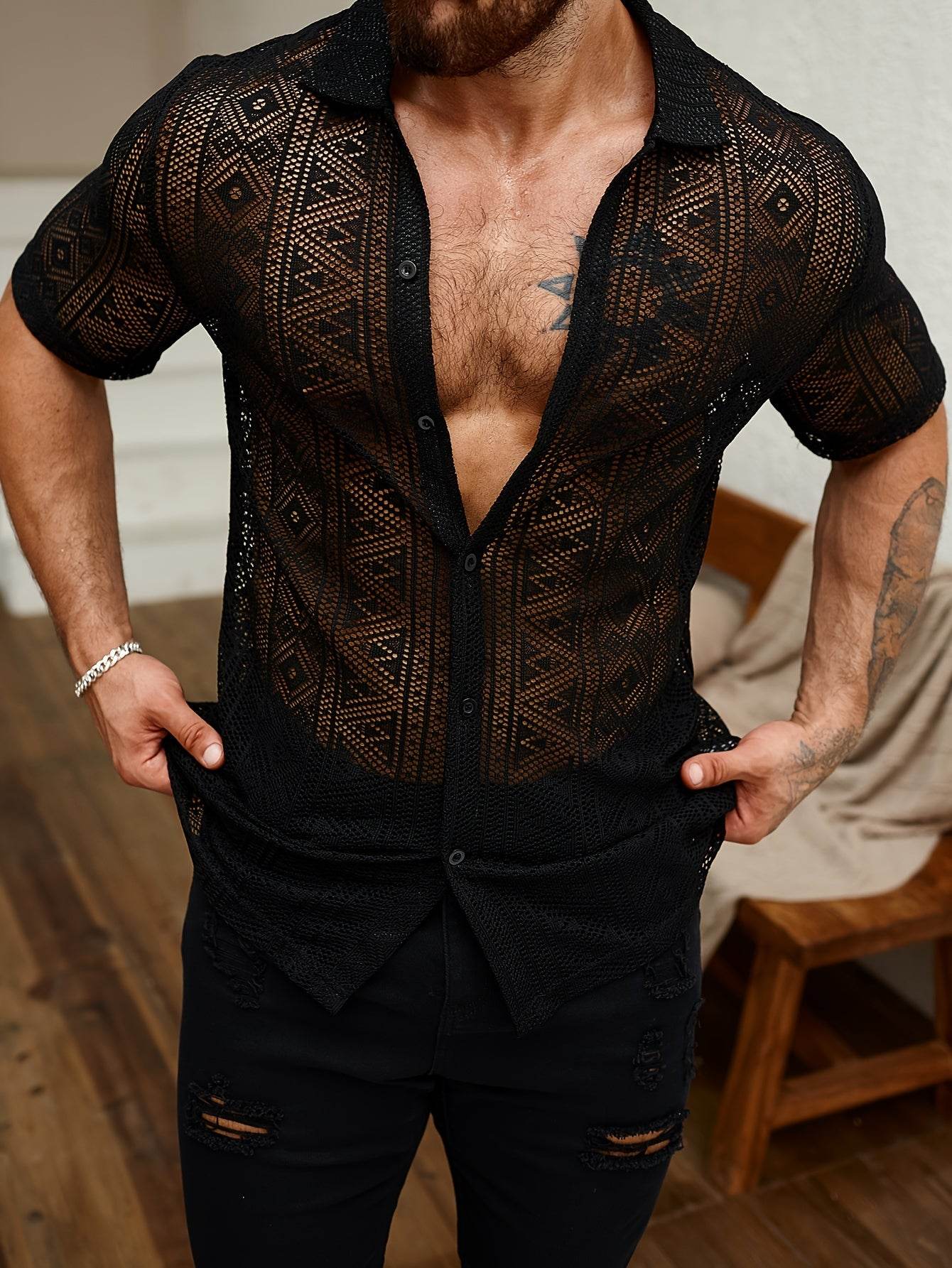 Men's Casual Lapel Button-Up Shirt - Geometric Print, Short Sleeve Summer Style - Buy Center US