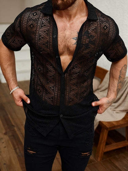 Men's Casual Lapel Button-Up Shirt - Geometric Print, Short Sleeve Summer Style - Buy Center US