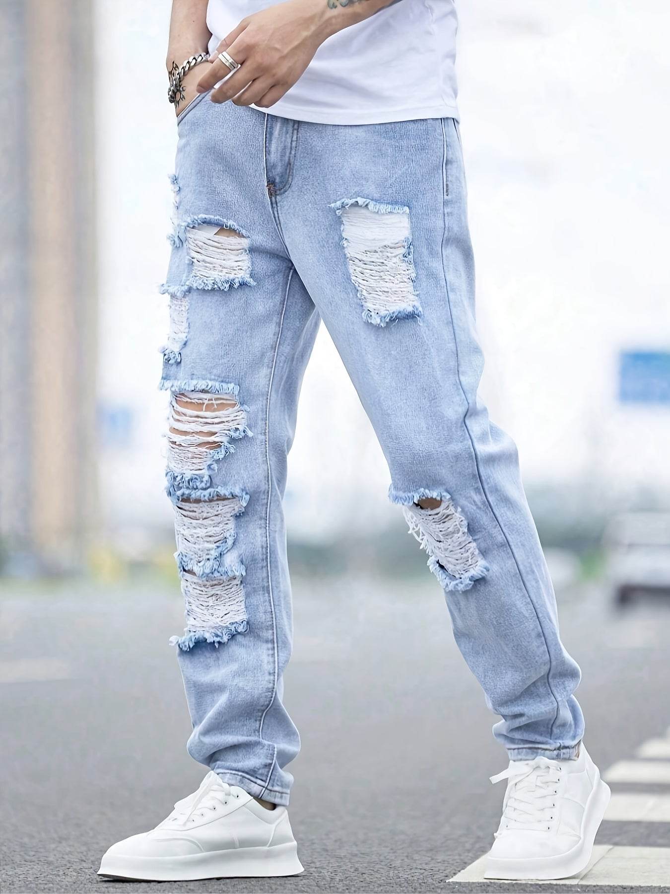 Men's Distressed Denim Jeans - Casual Ripped Light Blue Comfort Fit - Buy Center US