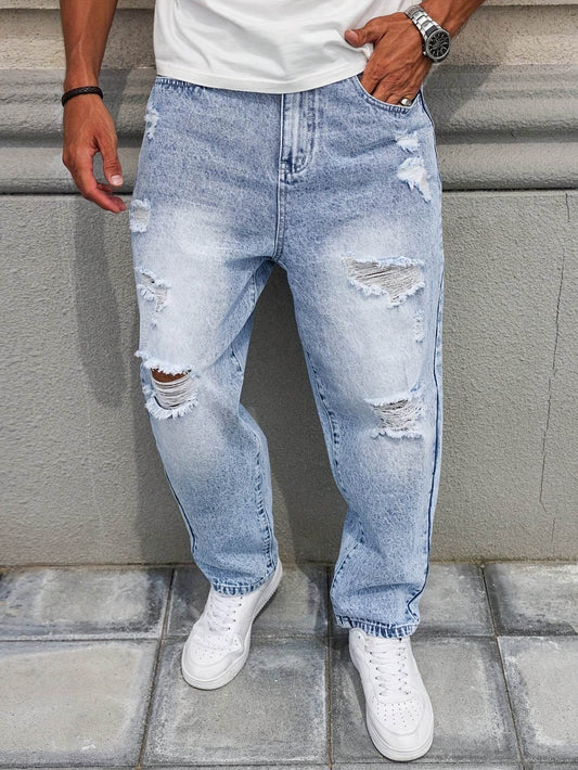 Men's Distressed Blue Denim Harem Pants - Loose Fit, Casual All-Season Wear - Buy Center US