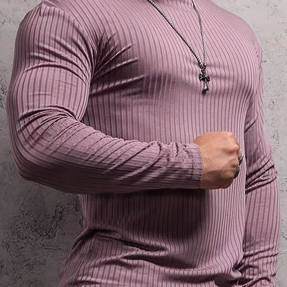 Solid Stripe Knit Turtle Neck T-shirt - Comfy Long Sleeve for Men's Fitness - Buy Center US