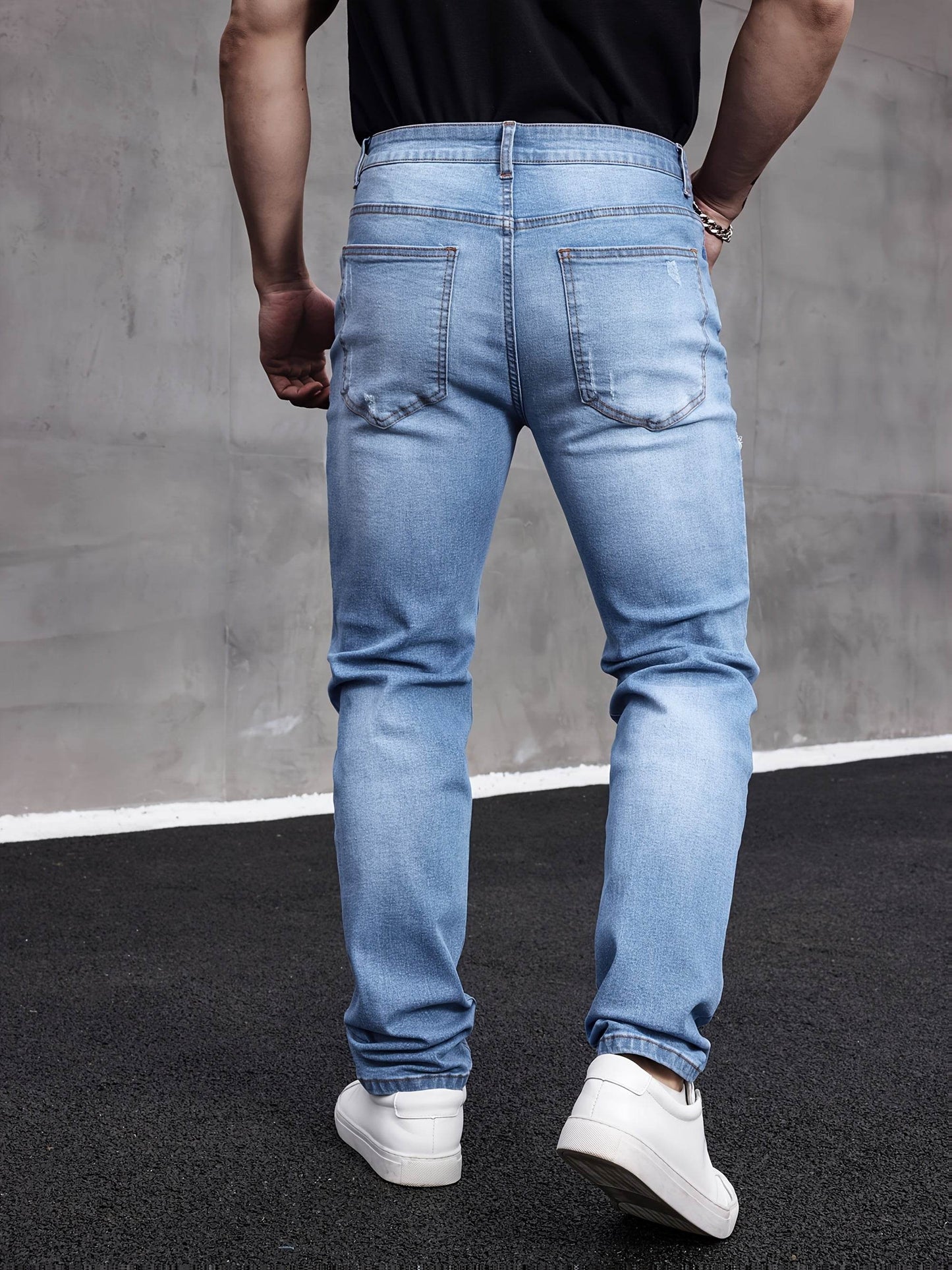 Men's Slim Fit Ripped Jeans - Stretch Denim Casual Streetwear, Blue - Buy Center US