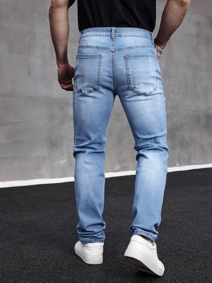 Men's Slim Fit Ripped Jeans - Stretch Denim Casual Streetwear, Blue - Buy Center US