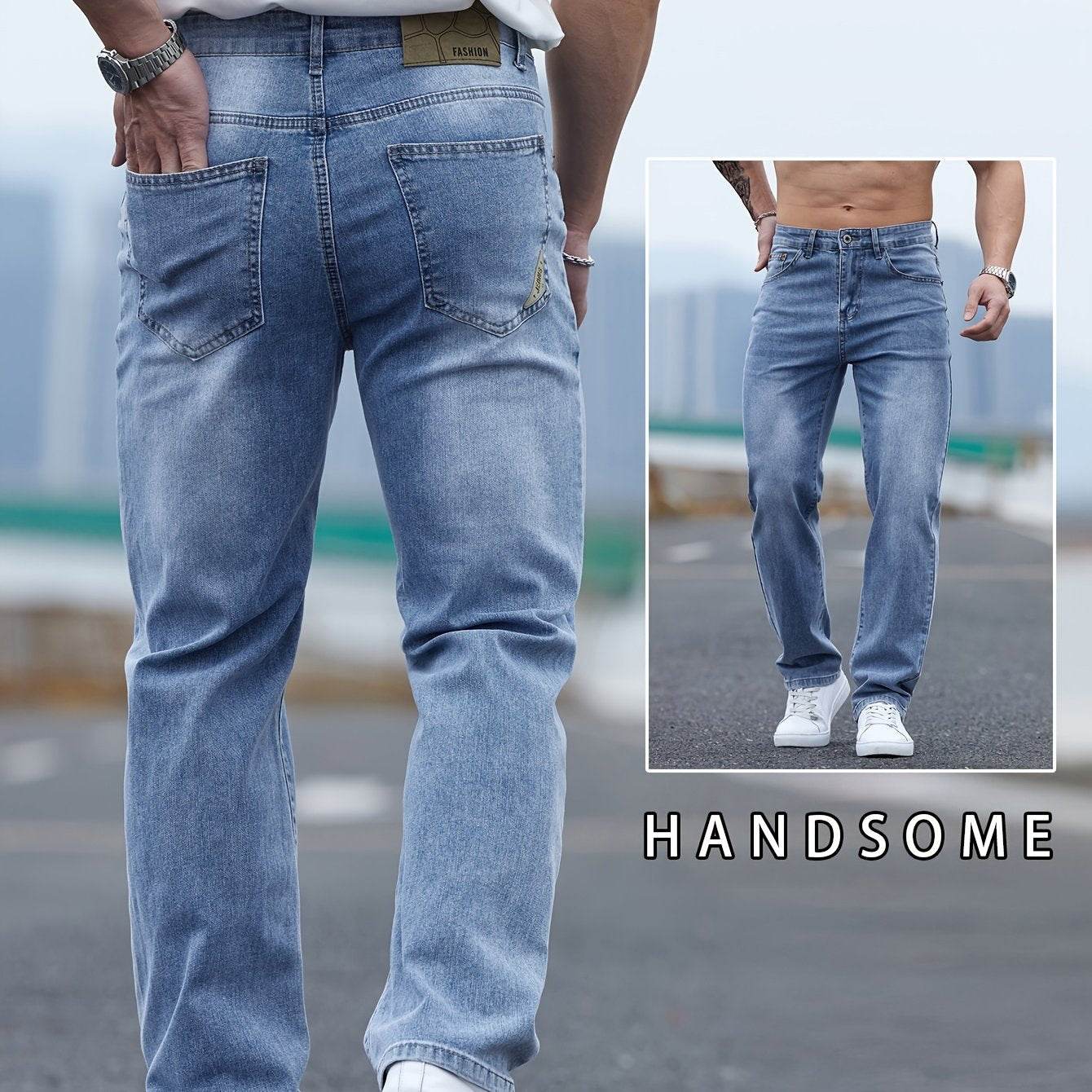 Men's Light Blue Washed Jeans - Relaxed Fit, High-Quality Cotton Blend - Buy Center US