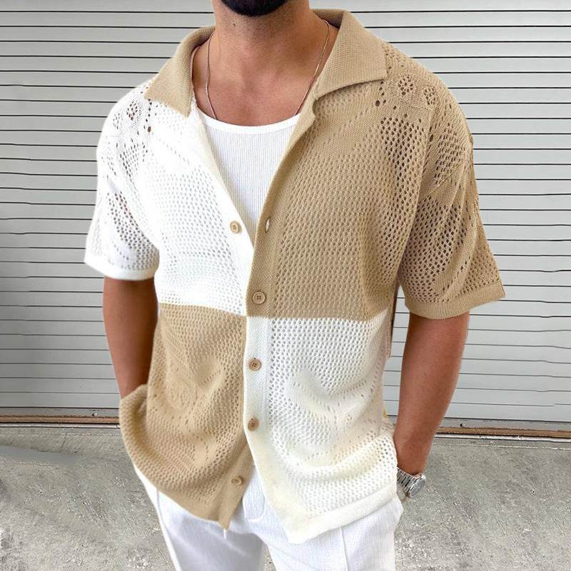 Men's Color Blocking Hollow Knit Sweater - Slim Fit Cardigan for Summer - Buy Center US