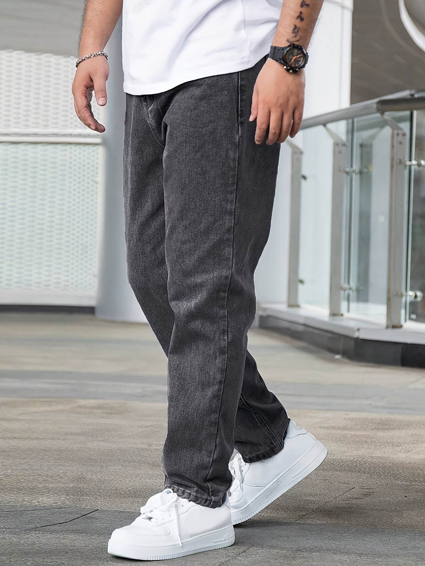 Men's Loose Fit Straight Leg Jeans - Washed Black Cotton Blend, Casual Style - Buy Center US