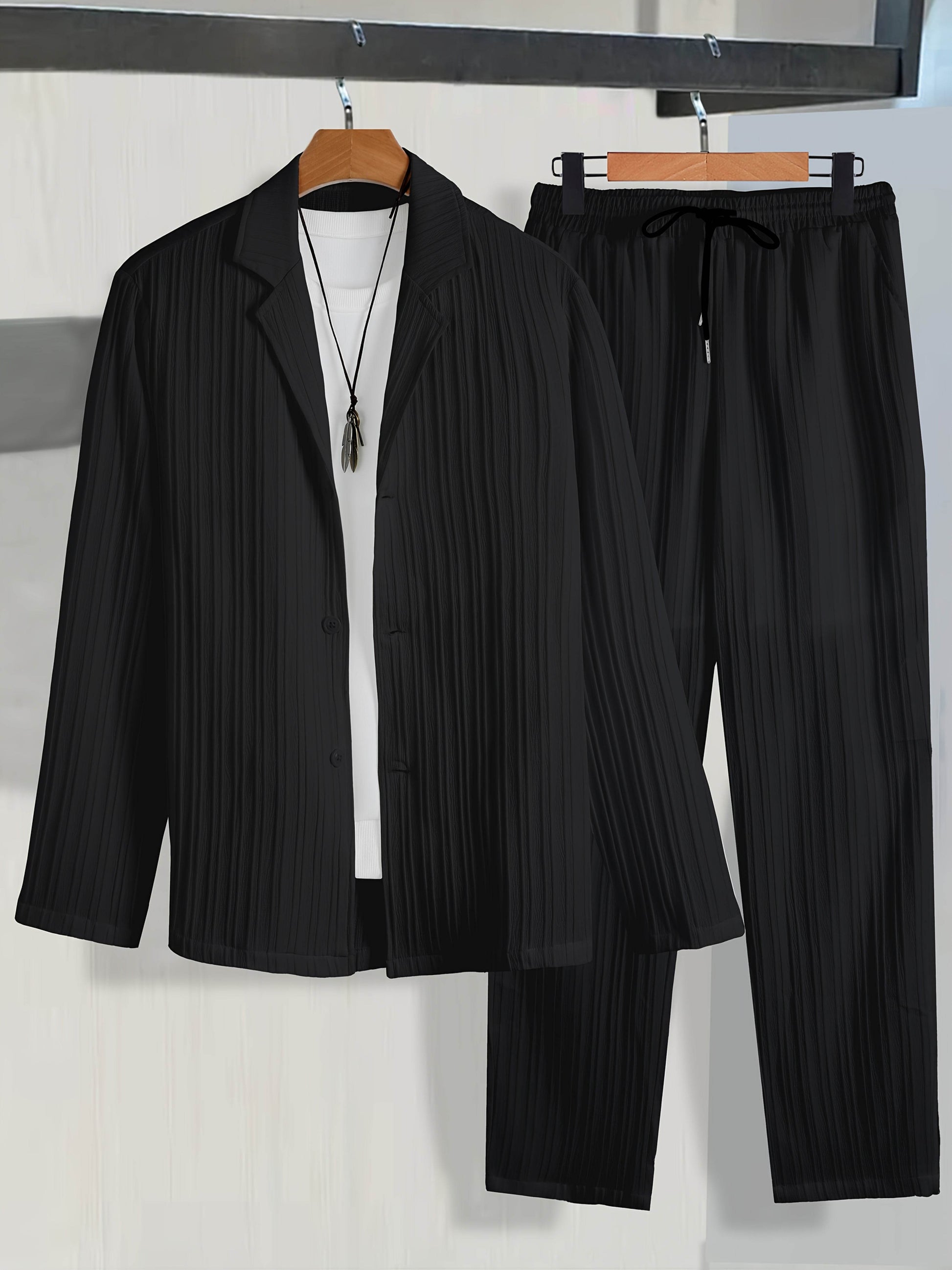 Men's Casual Suit Set - Long Sleeve Shirt & Drawstring Trousers - Buy Center US