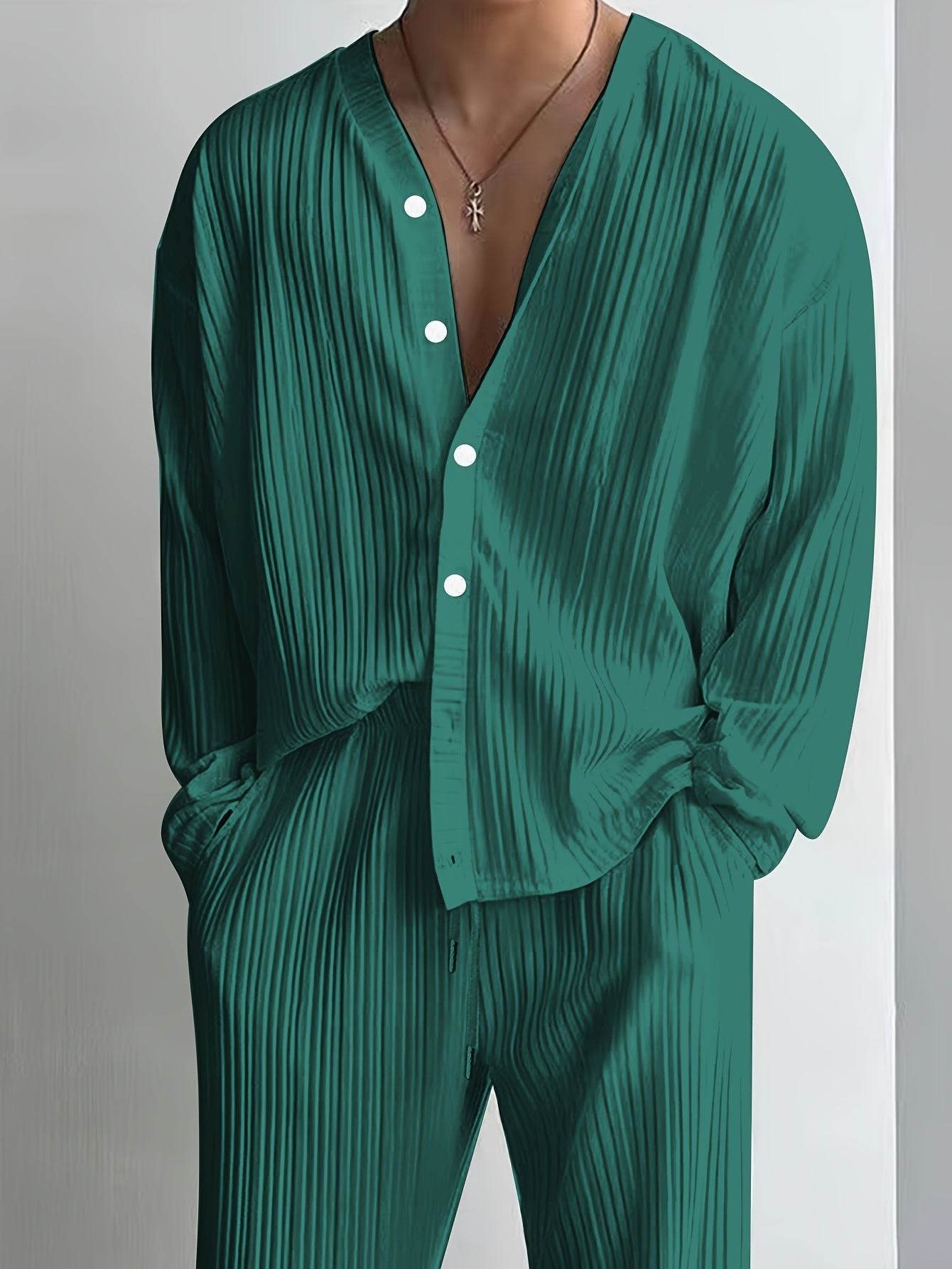 Men's Elegant Striped Button-Up Shirt & Pants Set - V-Neck Beach Attire - Buy Center US