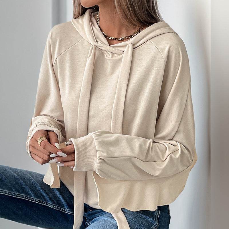 Apricot Drawstring Ruffled Hoodie - Thin Women’s Sweater, Loose Fit - Buy Center US