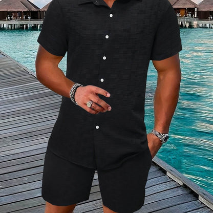 Men's Casual Short-Sleeve Shirt and Shorts Set - Solid Color Outfit - Buy Center US