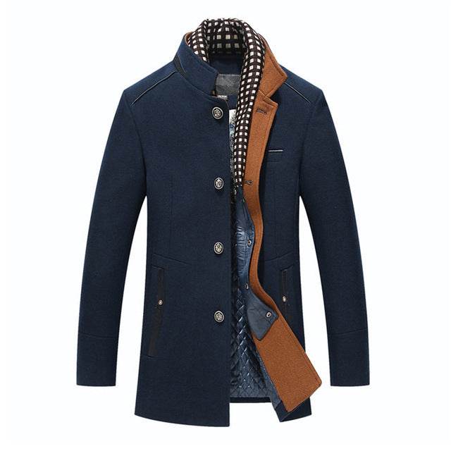 Buycenter Men's Woollen Overcoat - Stylish Double Collar, Khaki & Navy - Buy Center US