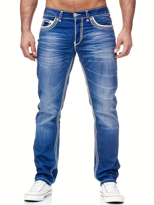 Men's Slim-Fit Stretch Denim Jeans - Embroidered Pocket in Dark Blue - Buy Center US