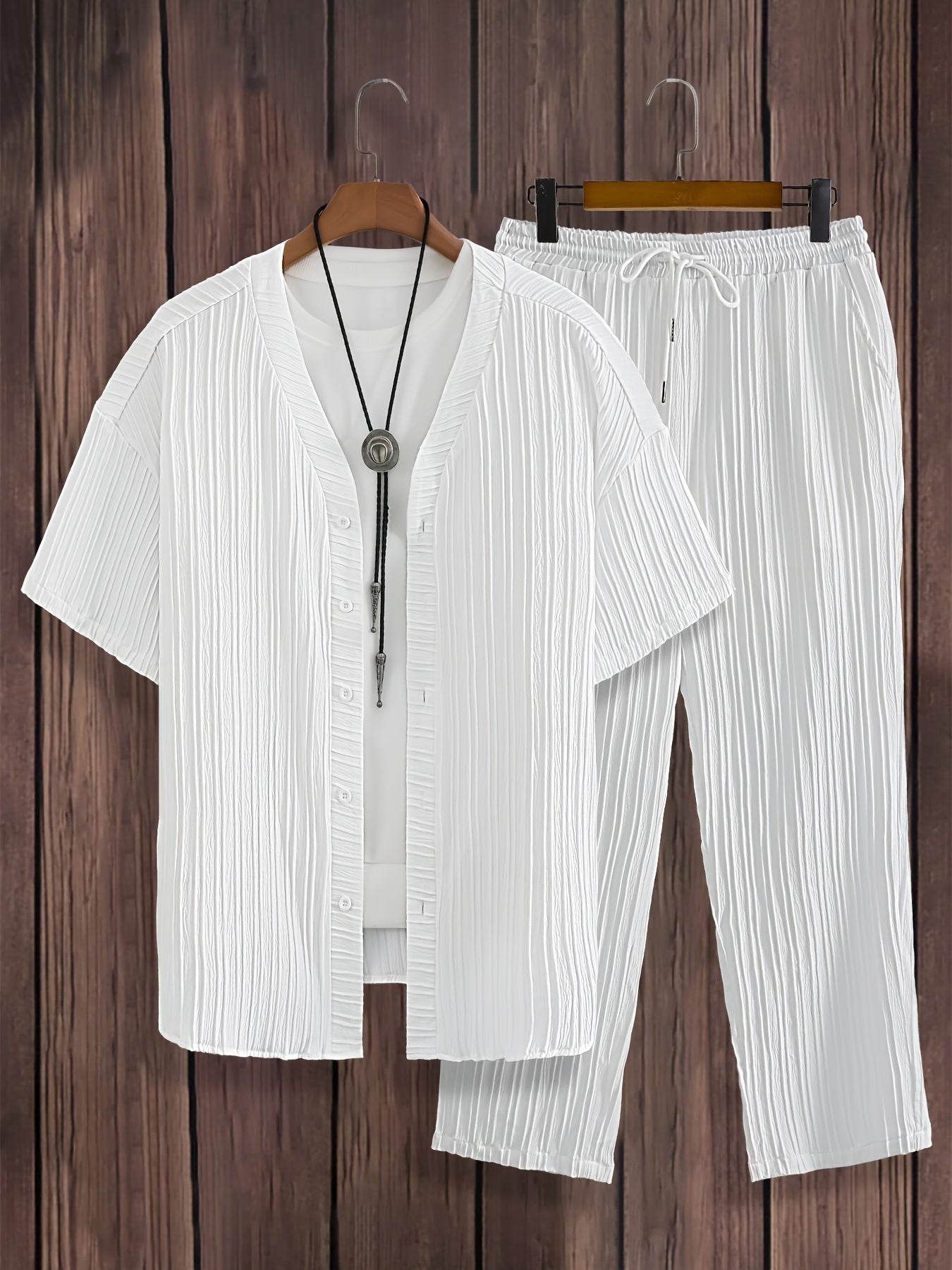Men's Casual Two-Piece Set - V-Neck Button-Up Shirt & Drawstring Pants - Buy Center US