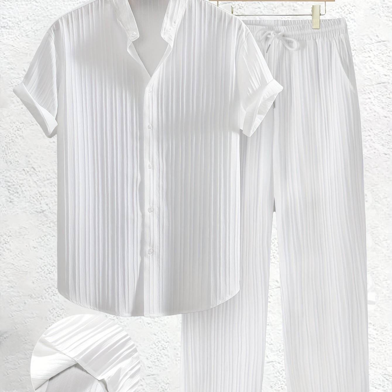 Men's Casual Summer Co-ord Set - Short Sleeve Shirt & Pants, Solid Color - Buy Center US