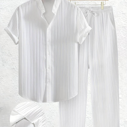 Men's Casual Summer Co-ord Set - Short Sleeve Shirt & Pants, Solid Color - Buy Center US