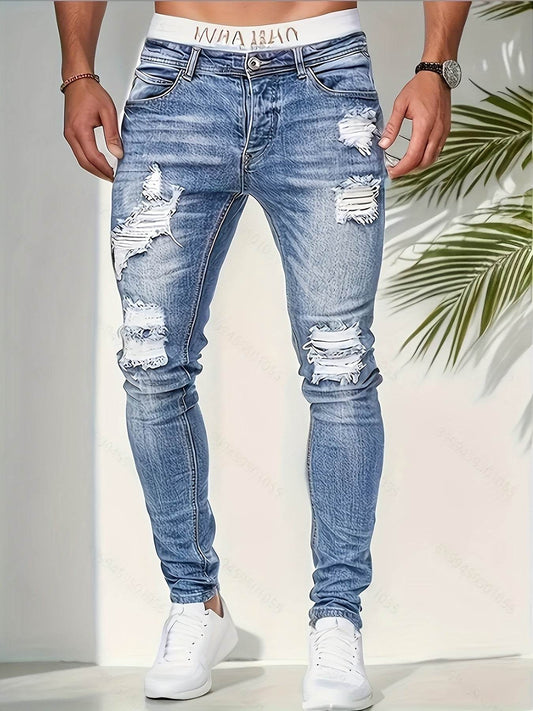 Slim-Fit Ripped Jeans for Men - Casual Fashion with Medium Stretch - Buy Center US