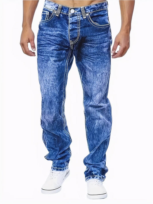 Stylish Men's Washed Blue Jeans - Stretchy Denim for Casual Wear - Buy Center US