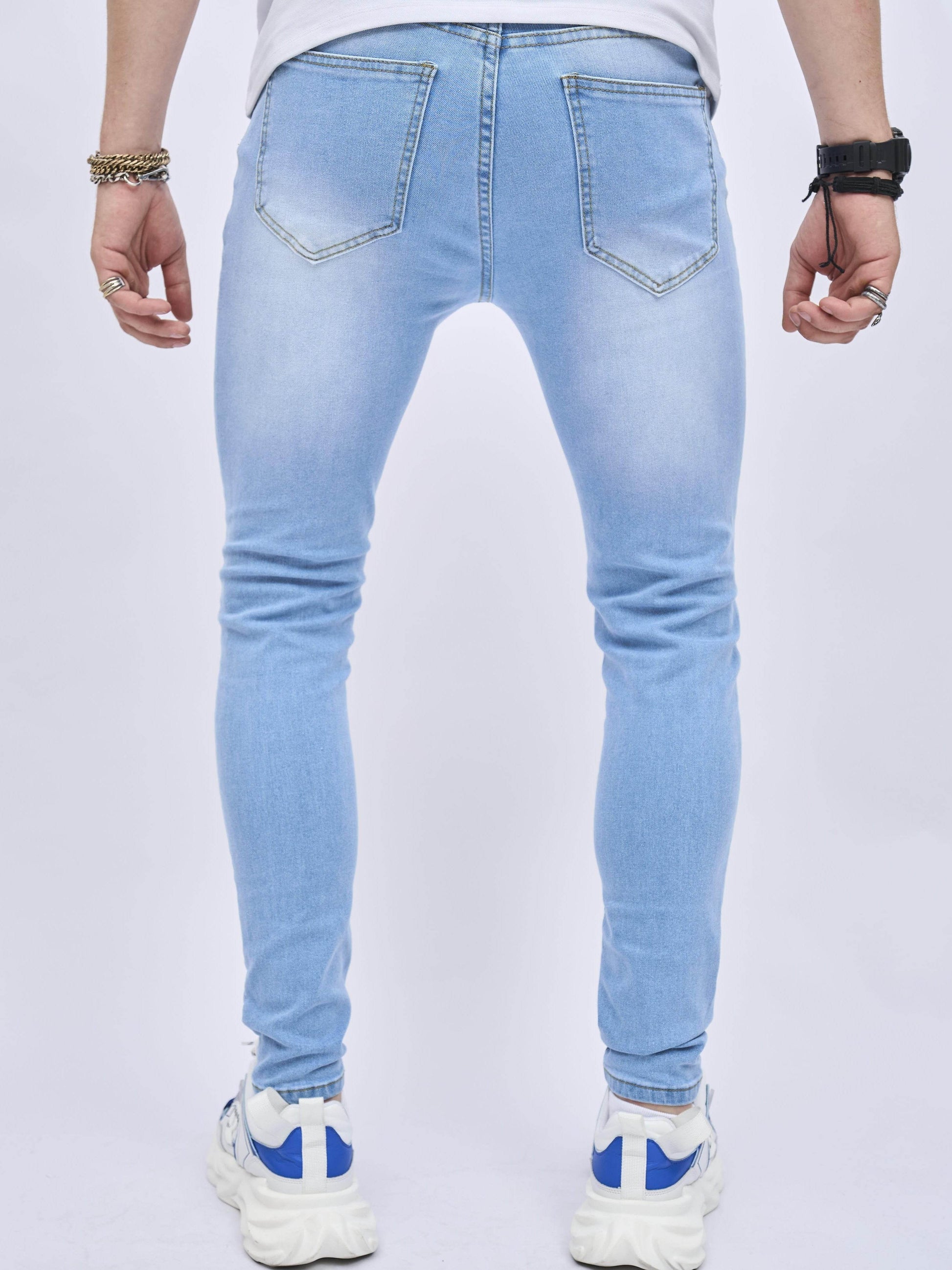 2023 Retro Distressed Knee Ripped Jeans - Light Blue Cotton Slim Fit - Buy Center US