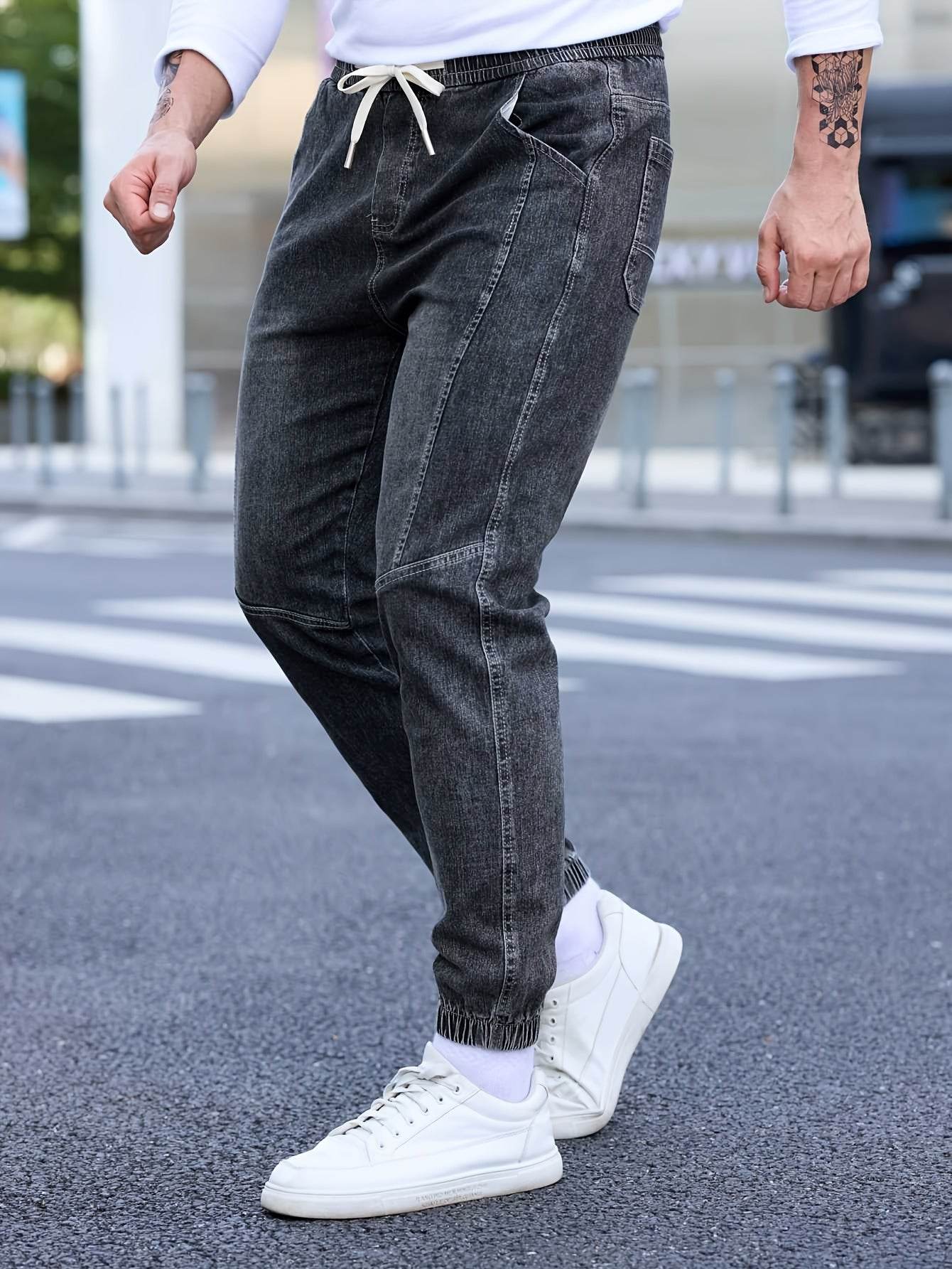 Men's Cropped Denim Pants with Pockets - Casual Drawstring Cotton Blend - Buy Center US