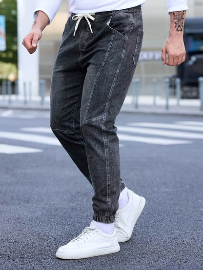 Men's Cropped Denim Pants with Pockets - Casual Drawstring Cotton Blend - Buy Center US