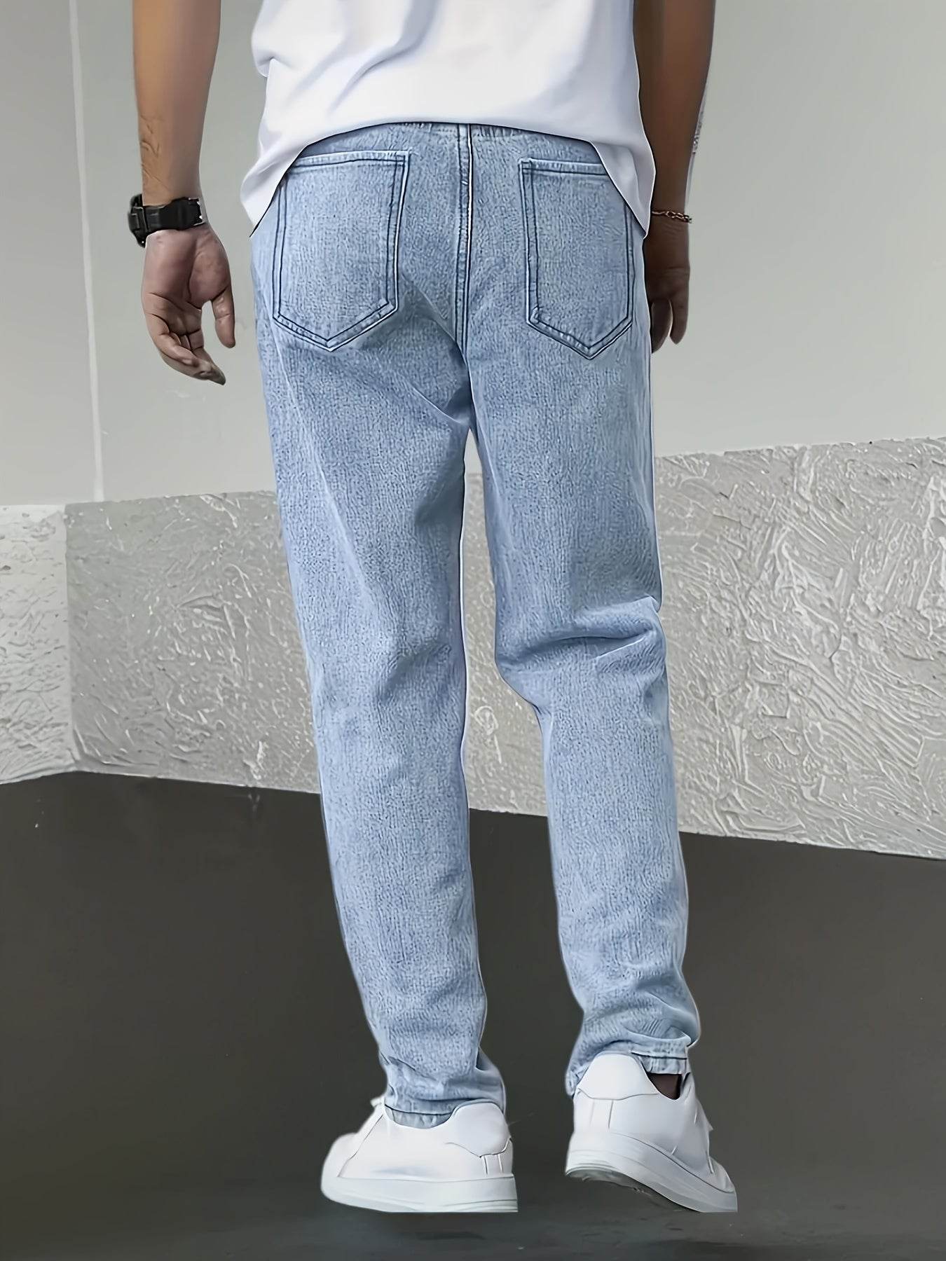 Men's Denim Jeans - Fashionable Light Blue Straight-Leg Style with Pockets - Buy Center US