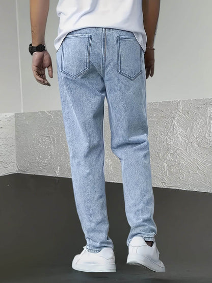 Men's Denim Jeans - Fashionable Light Blue Straight-Leg Style with Pockets - Buy Center US